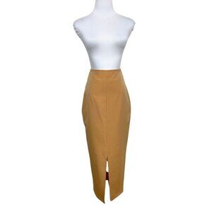 MESHKI CAMEL HIGH RISE FRONT SLIT MIDI PENCIL SKIRT - 10